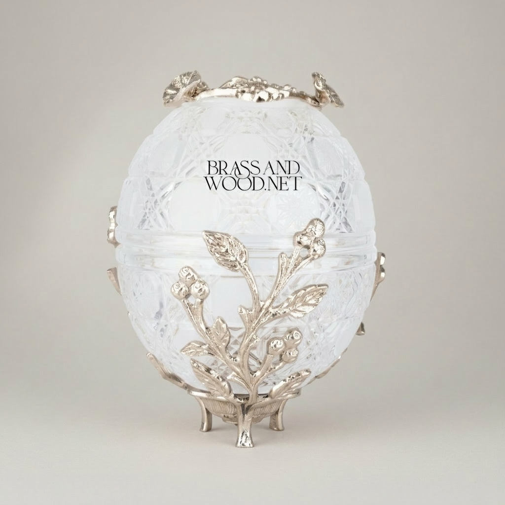 Imperial Fabergé-Inspired Crystal Egg Tissue Box with Botanical Metal Relief