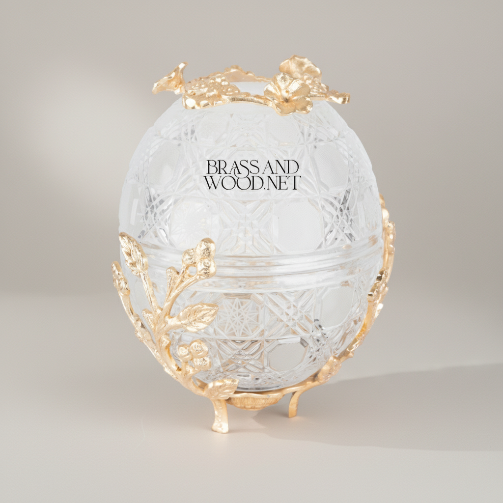 Imperial Fabergé-Inspired Crystal Egg Tissue Box with Botanical Metal Relief — Gold