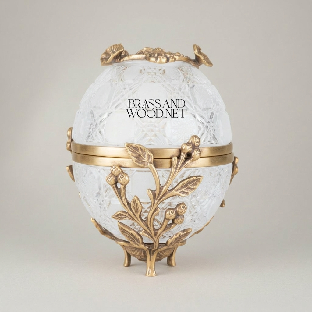 Imperial Fabergé-Inspired Crystal Egg Tissue Box with Botanical Metal Relief — Antique Gold