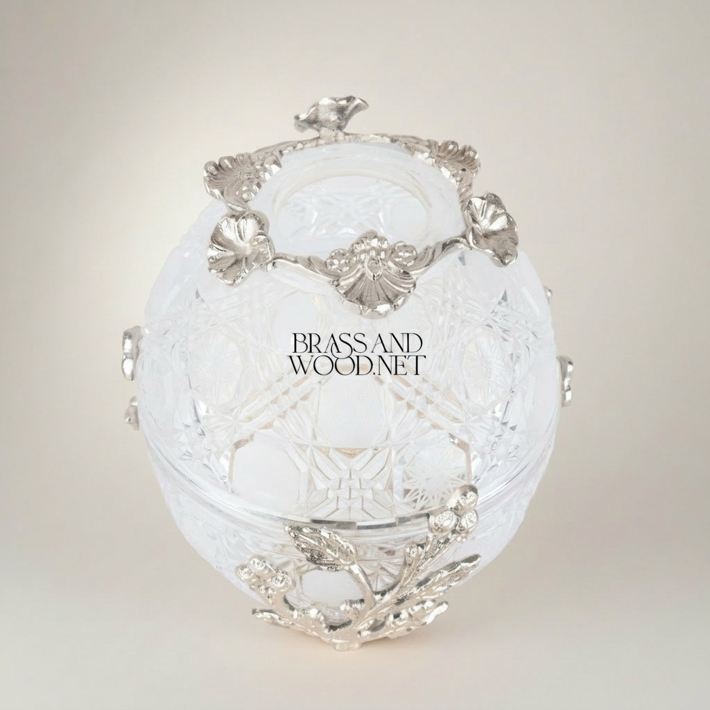 Imperial Fabergé-Inspired Crystal Egg Tissue Box with Botanical Metal Relief