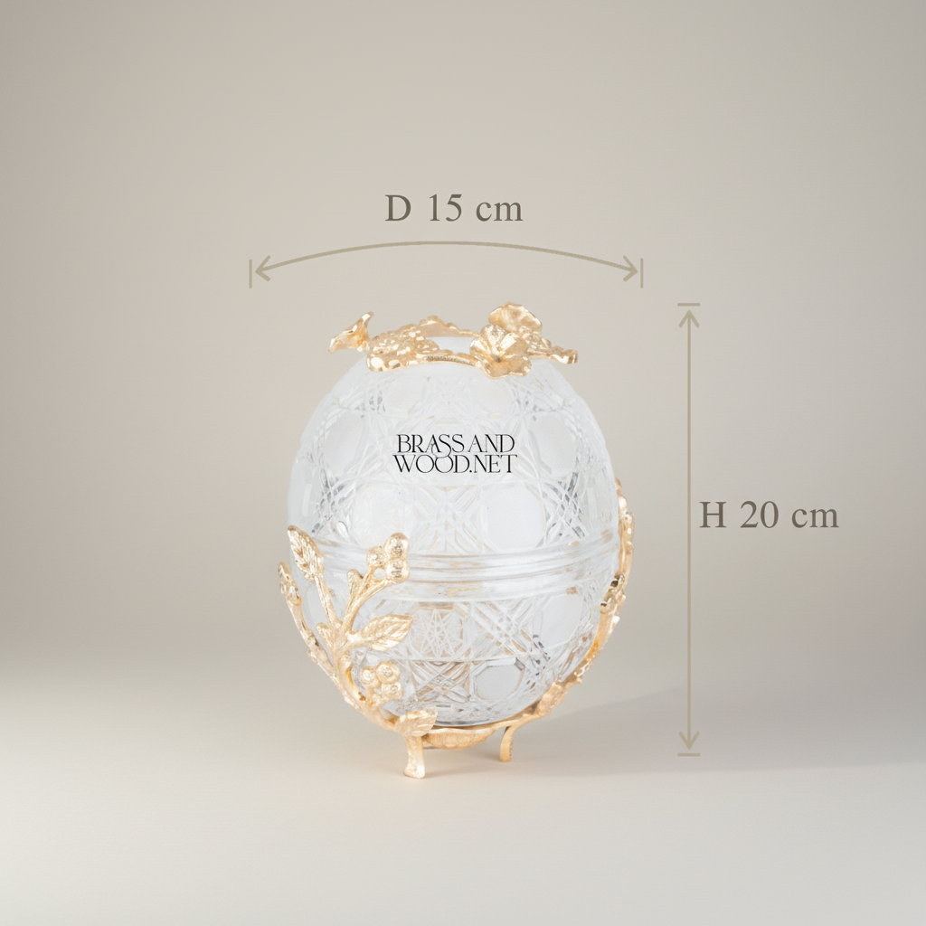 Imperial Fabergé-Inspired Crystal Egg Tissue Box with Botanical Metal Relief — Gold