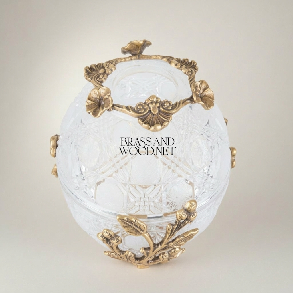Imperial Fabergé-Inspired Crystal Egg Tissue Box with Botanical Metal Relief — Antique Gold