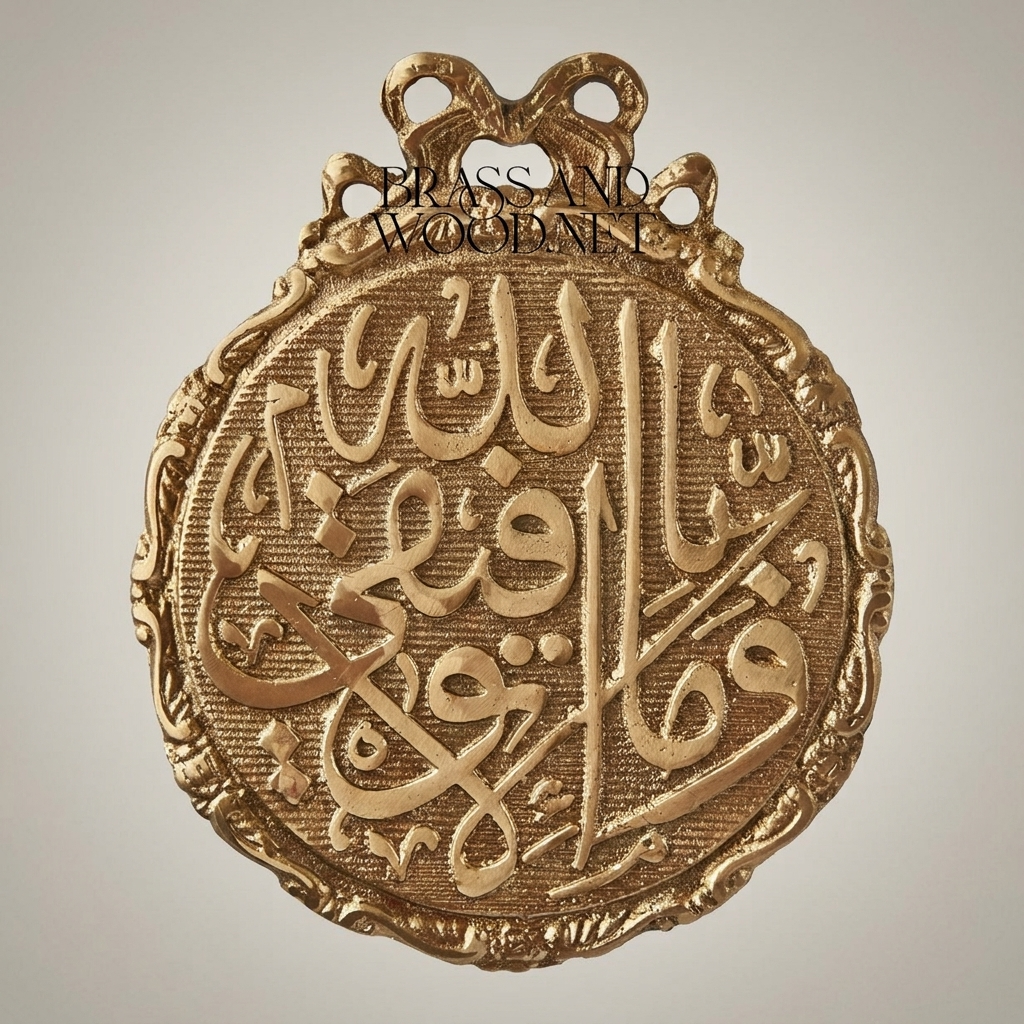 Islamic Calligraphy Medallion Wall Plate - Blue Enamel & Gilt Frame with Bow Crest — Antique Gold