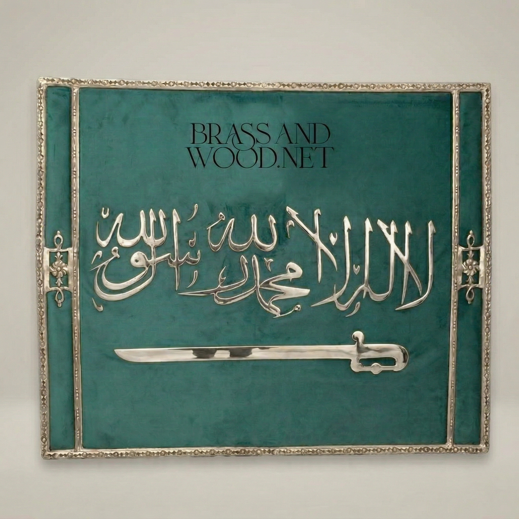 Islamic Shahada Calligraphy Brass Wall Frame - Green Velvet Panel with Sword Motif — Silver