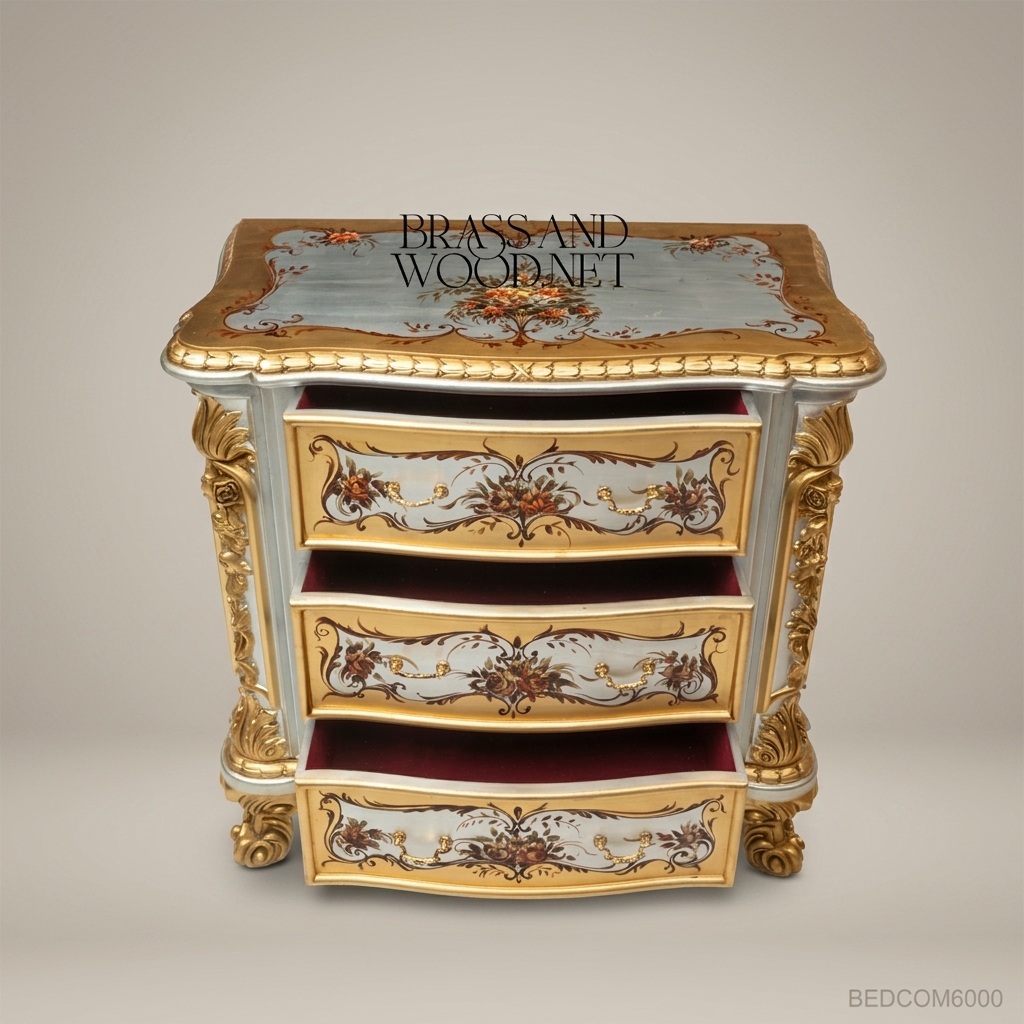 Italian Baroque Painted Gilt Nightstand - Hand-Painted Floral Cartouche with Acanthus Carvings