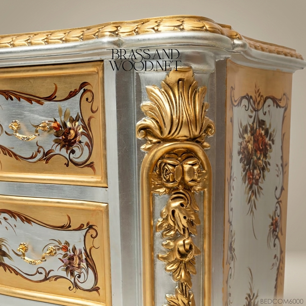 Italian Baroque Painted Gilt Nightstand - Hand-Painted Floral Cartouche with Acanthus Carvings