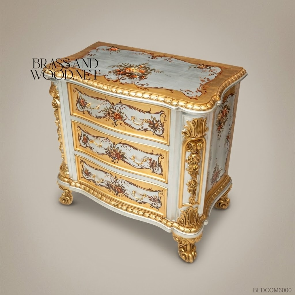 Italian Baroque Painted Gilt Nightstand - Hand-Painted Floral Cartouche with Acanthus Carvings