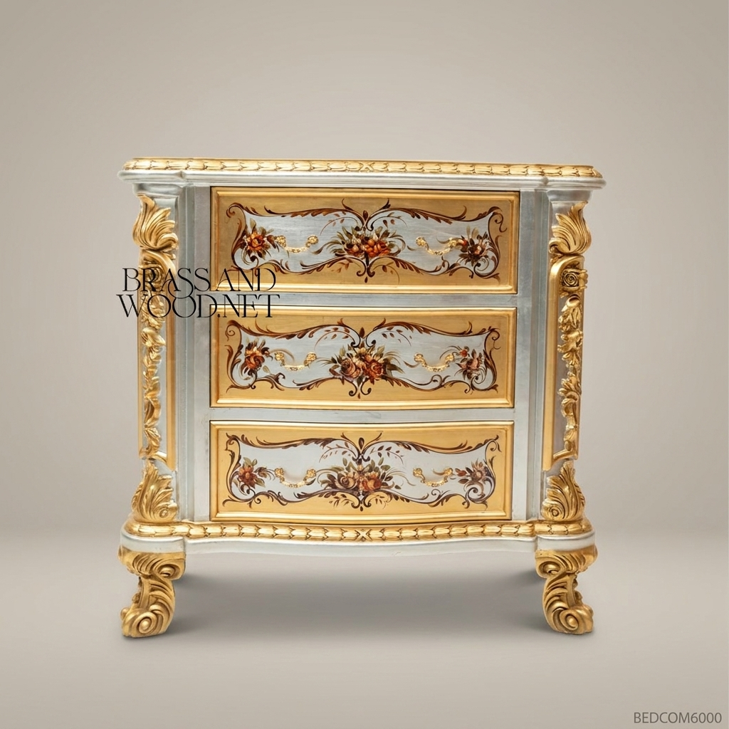 Italian Baroque Painted Gilt Nightstand - Hand-Painted Floral Cartouche with Acanthus Carvings
