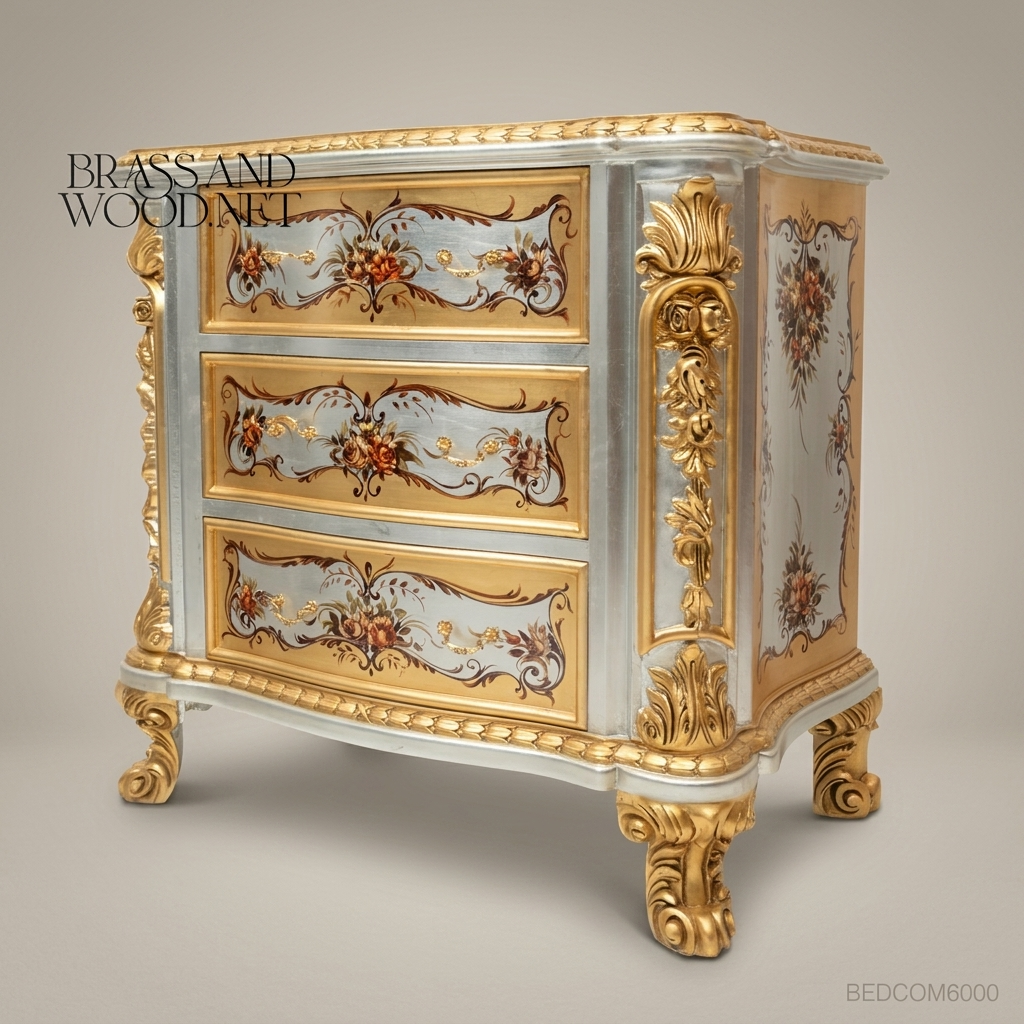 Italian Baroque Painted Gilt Nightstand - Hand-Painted Floral Cartouche with Acanthus Carvings