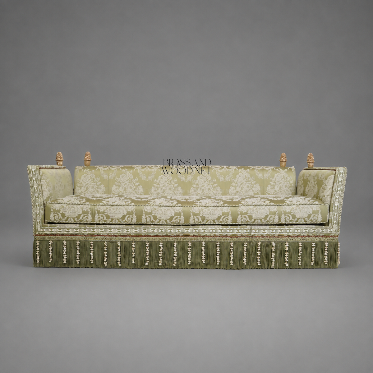 Knole Style Sage Green Damask Skirted Sofa with Antique Gold Pinecone Finials Front View 3 | Brass & Wood