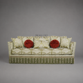 Knole Style Sage Green Damask Skirted Sofa with Antique Gold Pinecone Finials Front View | Brass & Wood