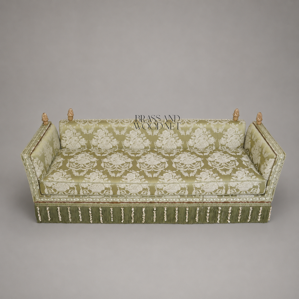 Knole Style Sage Green Damask Skirted Sofa with Antique Gold Pinecone Finials Front View 2 | Brass & Wood