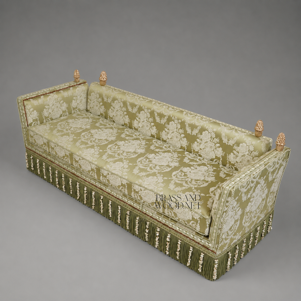 Knole Style Sage Green Damask Skirted Sofa with Antique Gold Pinecone Finials Elevated View | Brass & Wood