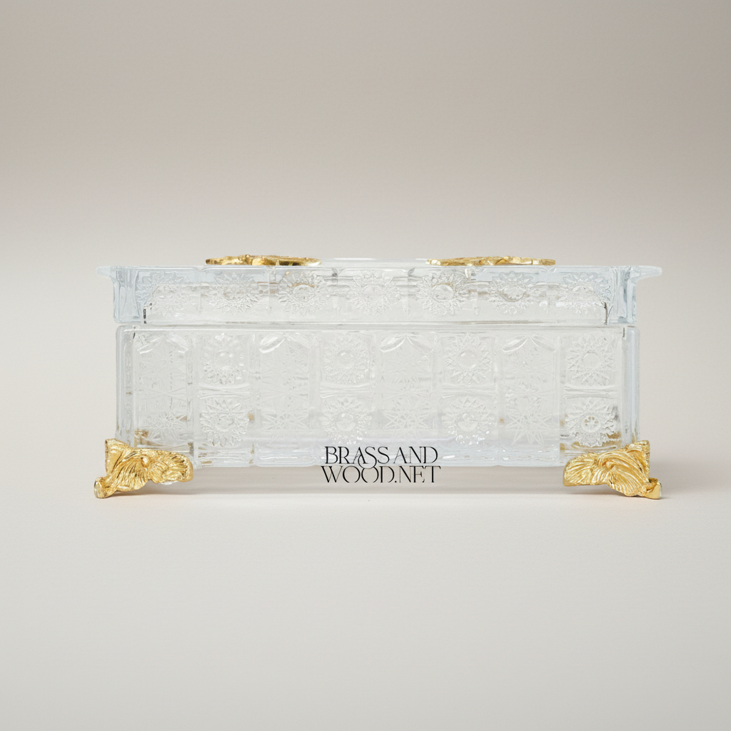 Rococo Crystal Tissue Box with Acanthus Metal Corner Mounts — Gold