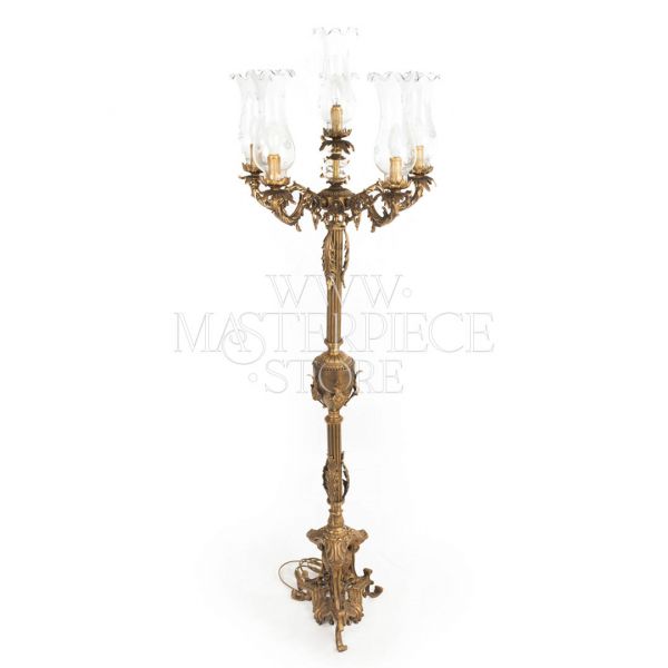 Baroque Five-Arm Brass Candelabra Floor Lamp with Fluted Column & Blown Glass Shades - Antique