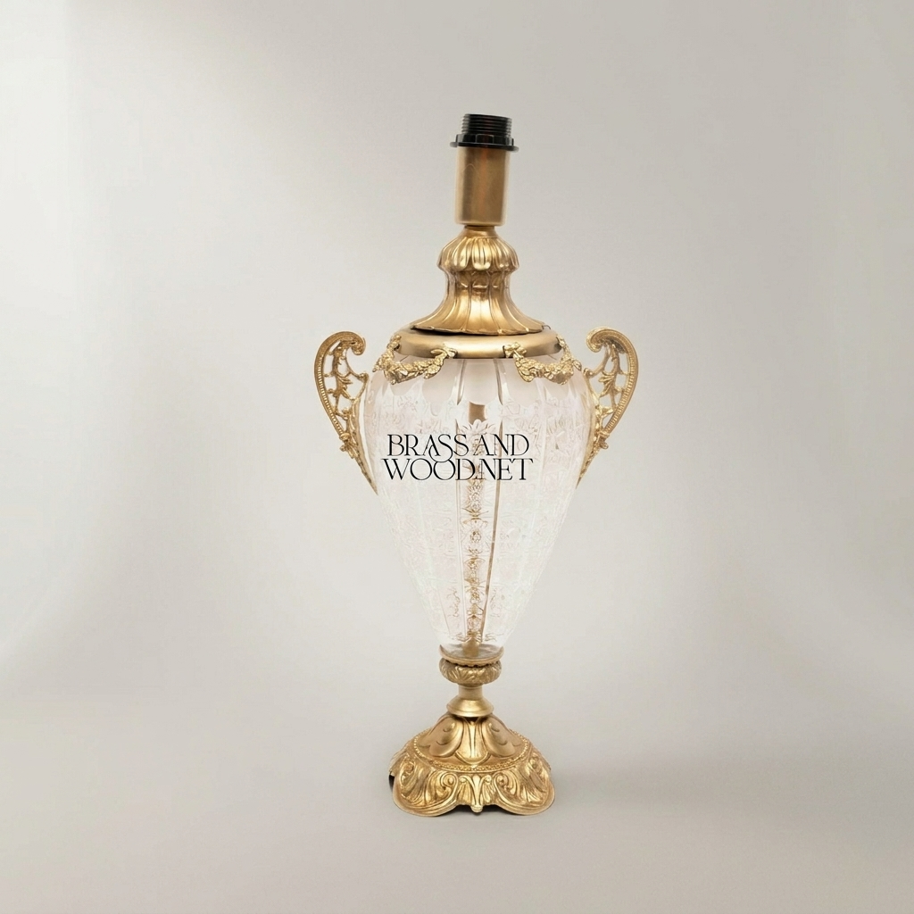 Classical Urn Table Lamp Base - Crackled Glass Body with Ornate Brass Handles & Pedestal - Antique