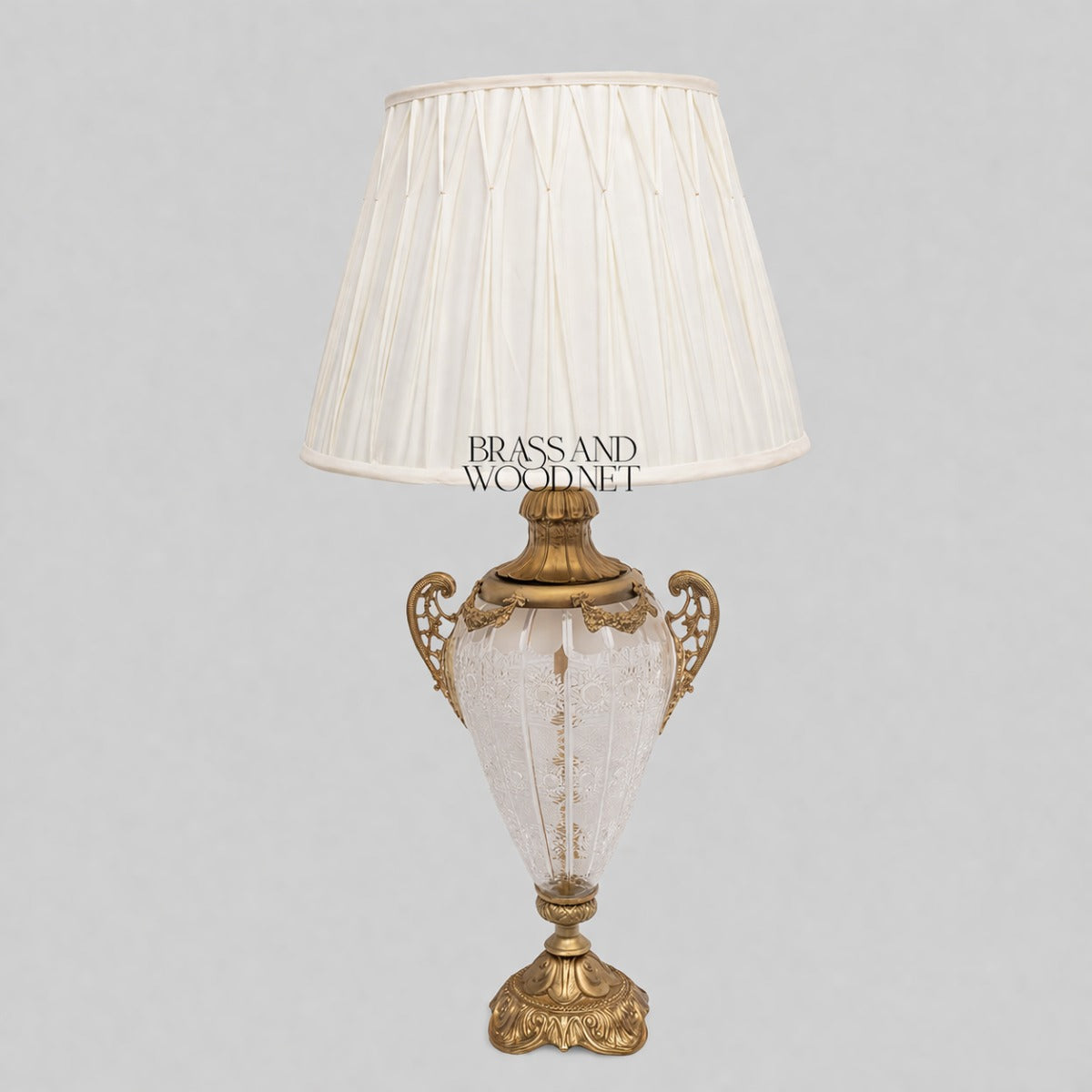 Classical Urn Table Lamp Base - Crackled Glass Body with Ornate Brass Handles & Pedestal