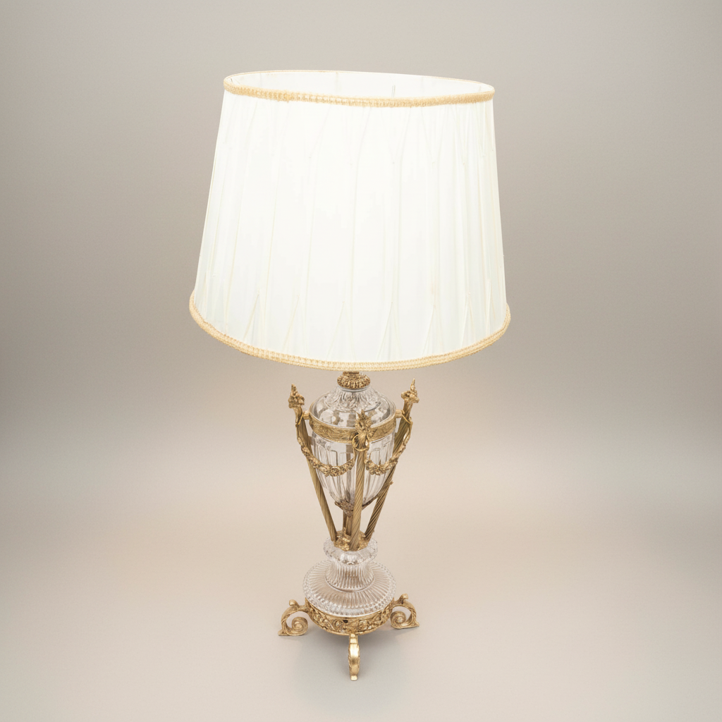 Neoclassical Brass & Crystal Urn Table Lamp - Ornate Fluted Body with Rose Garland