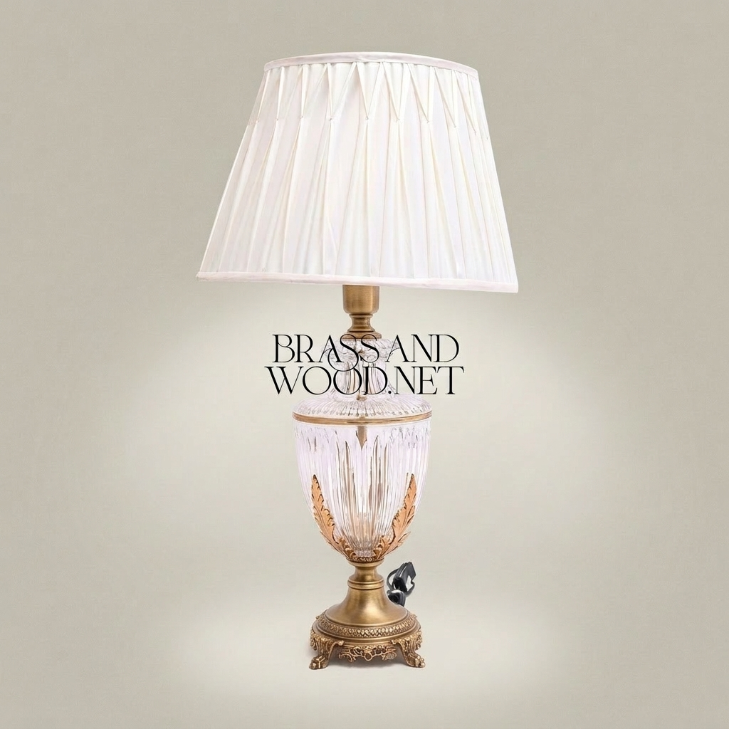 Classical Crystal Urn Table Lamp with Brass Acanthus Base & Pleated Shade - Antique