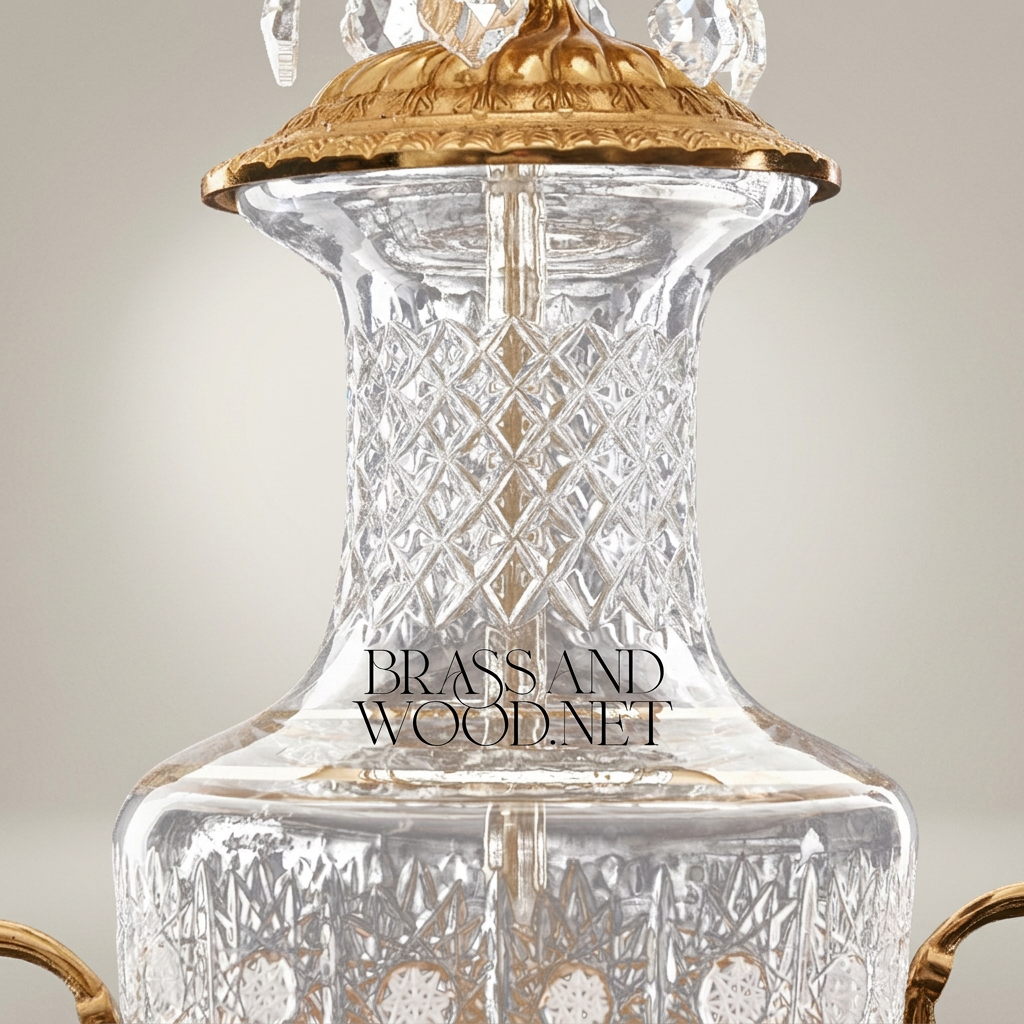Classical Cut-Crystal Urn Table Lamp with Ornate Brass Base & Ivory Shade