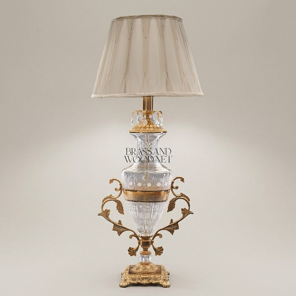 Classical Cut-Crystal Urn Table Lamp with Ornate Brass Base & Ivory Shade — Antique Gold