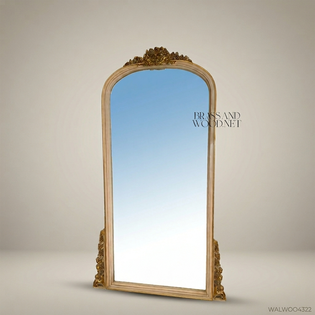 Louis Philippe Arched Floor Mirror - Cream Frame with Gilded Acanthus Crest