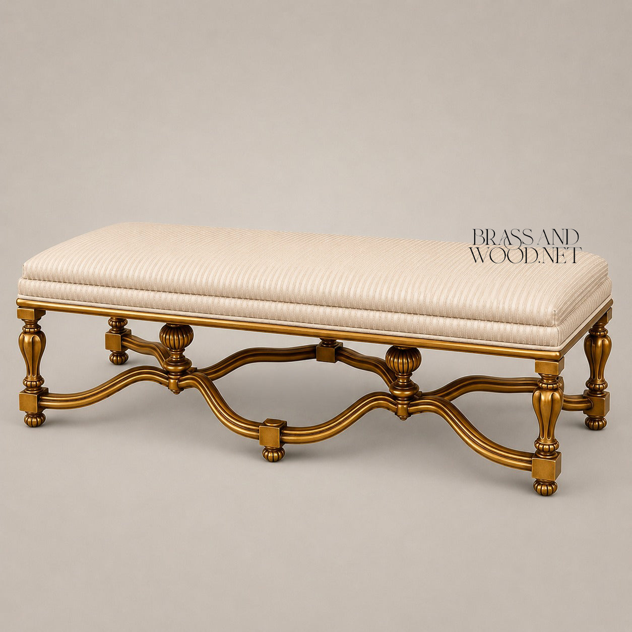 Louis XIV Baroque Gilded Bedroom Bench - Scrolled X-Stretcher & Channeled Ivory Seat