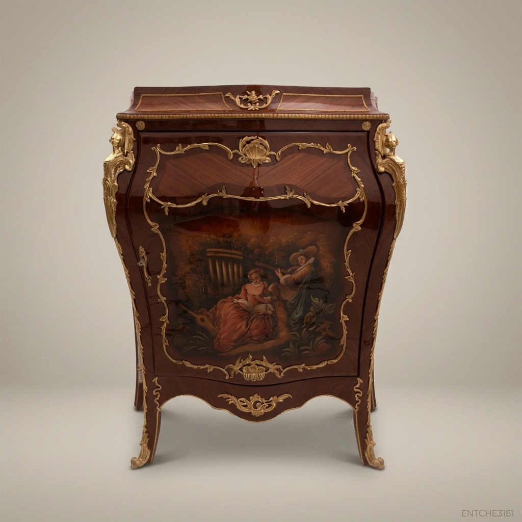 Louis XV Bombe Commode – Hand-Painted Pastoral Scene & Ormolu Mounts
