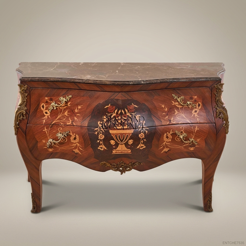 Louis XV Bombe Commode – Marquetry Inlay & Antique Brass Mounts