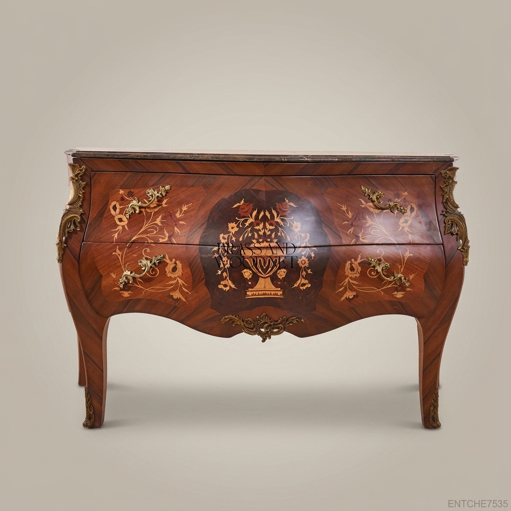 Louis XV Bombe Commode – Marquetry Inlay & Antique Brass Mounts