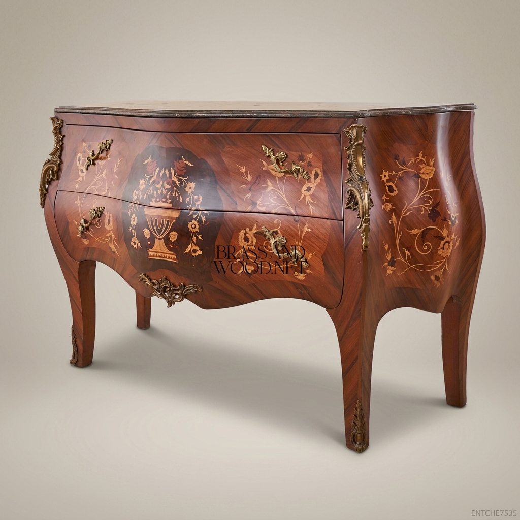 Louis XV Bombe Commode – Marquetry Inlay & Antique Brass Mounts