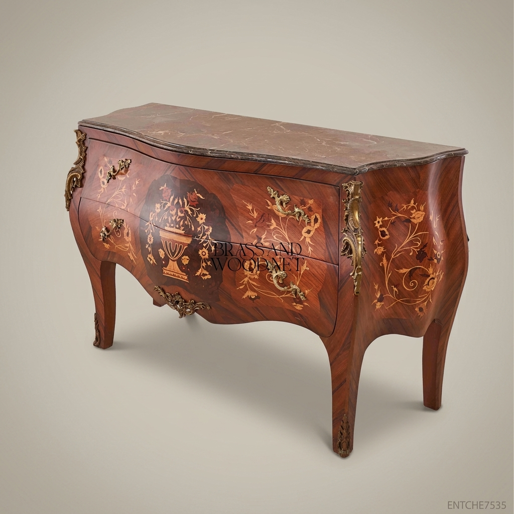Louis XV Bombe Commode – Marquetry Inlay & Antique Brass Mounts