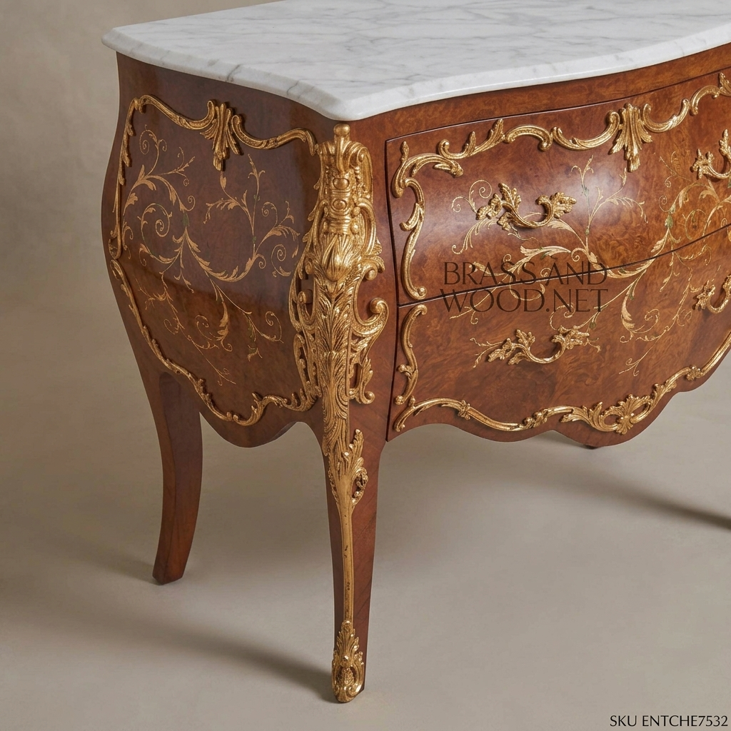 Louis XV Bombe Commode | Walnut Burl & Gilt Brass Marquetry | White Marble Top