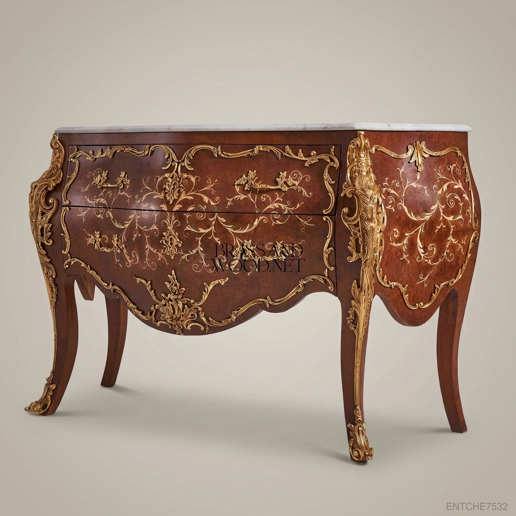Louis XV Bombe Commode | Walnut Burl & Gilt Brass Marquetry | White Marble Top