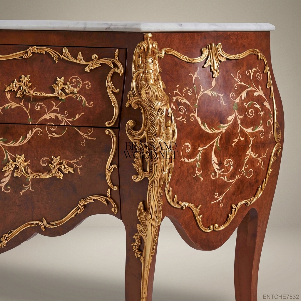 Louis XV Bombe Commode | Walnut Burl & Gilt Brass Marquetry | White Marble Top
