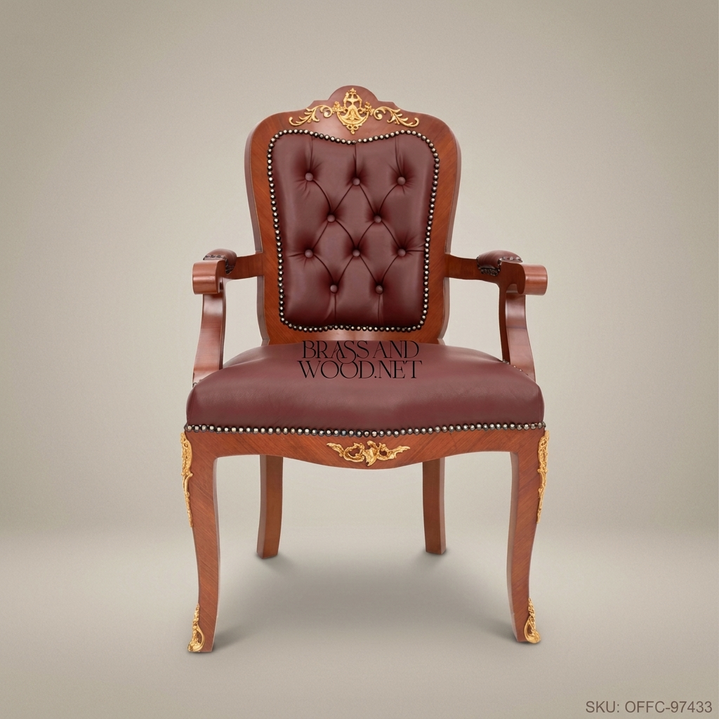 Louis XV Burgundy Leather Office Armchair with Gold Brass Ormolu Accents