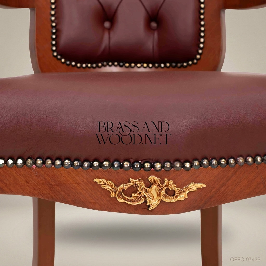 Louis XV Burgundy Leather Office Armchair with Gold Brass Ormolu Accents