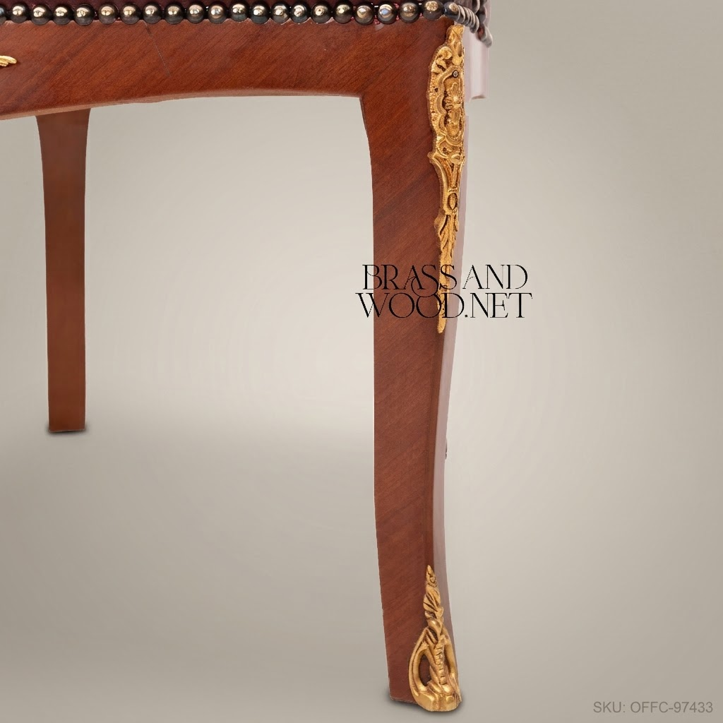 Louis XV Burgundy Leather Office Armchair with Gold Brass Ormolu Accents