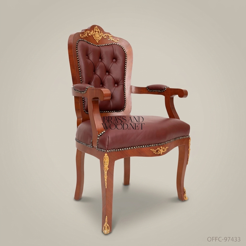 Louis XV Burgundy Leather Office Armchair with Gold Brass Ormolu Accents