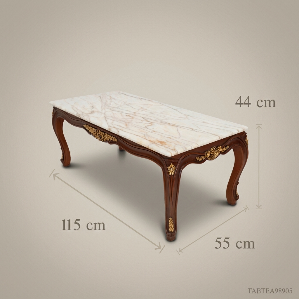 Louis XV Coffee Table | Carved Walnut & Marble Top with Gold Leaf Brass Accents