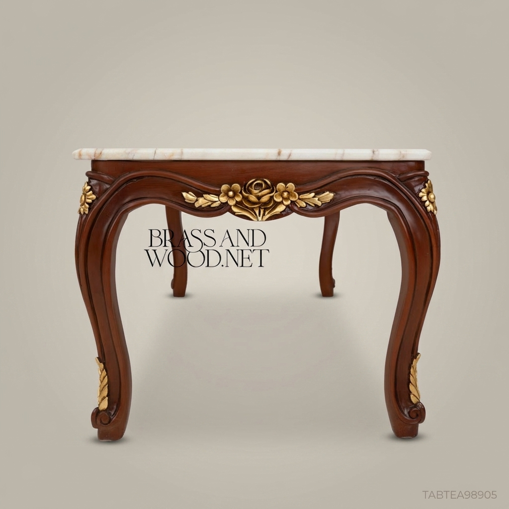 Louis XV Coffee Table | Carved Walnut & Marble Top with Gold Leaf Brass Accents