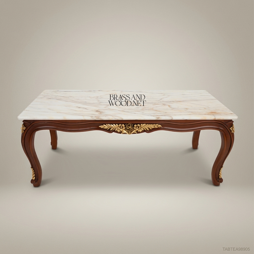 Louis XV Coffee Table | Carved Walnut & Marble Top with Gold Leaf Brass Accents