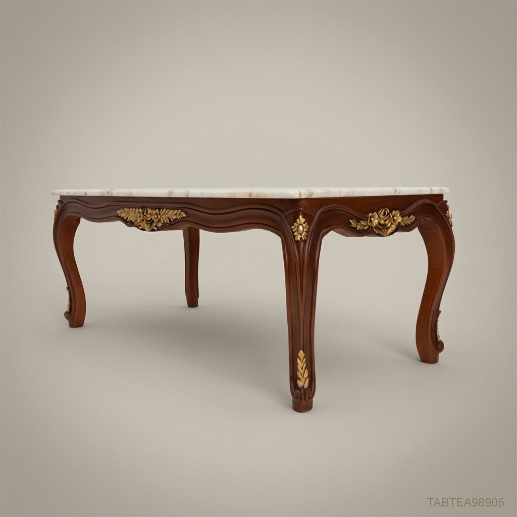 Louis XV Coffee Table | Carved Walnut & Marble Top with Gold Leaf Brass Accents