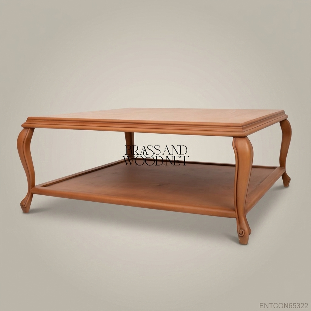 Louis XV Coffee Table with Lower Shelf | Solid Wood Warm Honey Finish