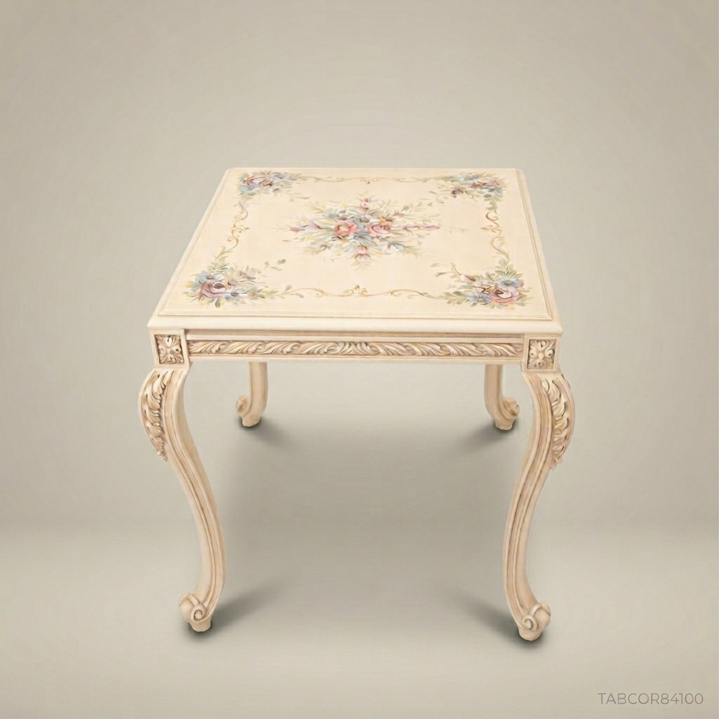 Louis XV Corner Table – Hand-Painted Floral Ivory Lacquer