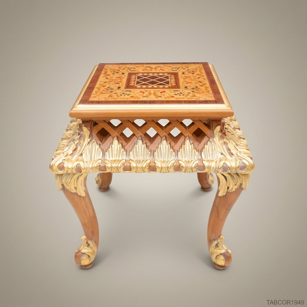 Louis XV Corner Table – Marquetry Top & Gold Leaf Carved Apron