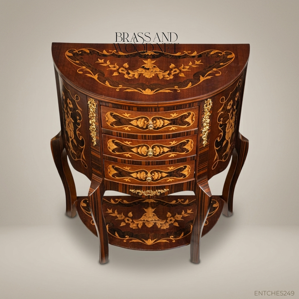 Louis XV Demilune Marquetry Commode – Rosewood & Brass Inlay