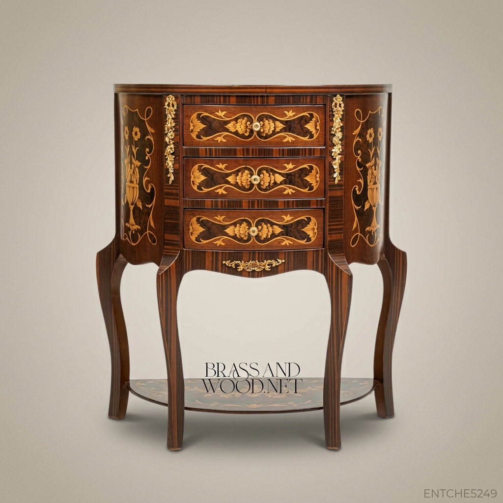 Louis XV Demilune Marquetry Commode – Rosewood & Brass Inlay