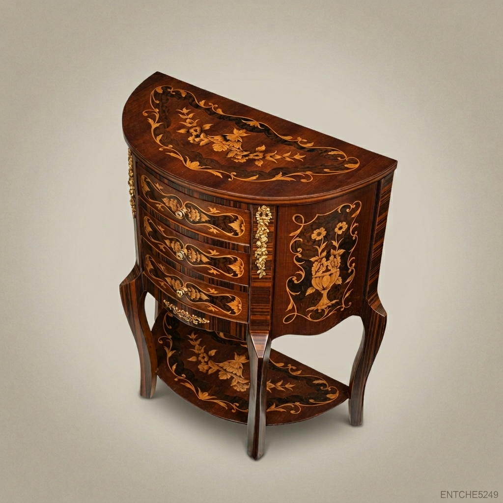 Louis XV Demilune Marquetry Commode – Rosewood & Brass Inlay