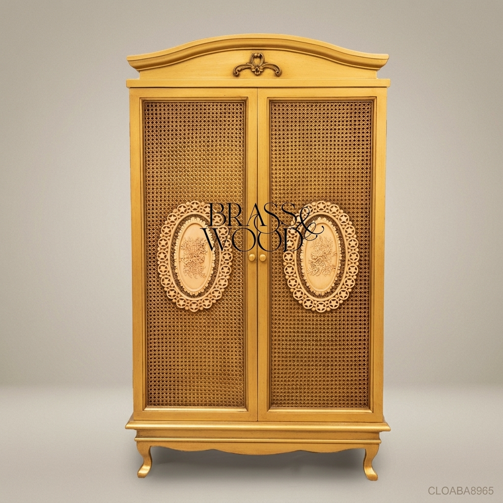 Louis XV Gold Leaf Abaya Wardrobe with Rattan Panels & Carved Oval Medallions